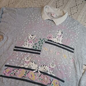 Vtg Jane Colby Cat Lady Collard Womens XL Top Floral Grandmacore Cottagecore